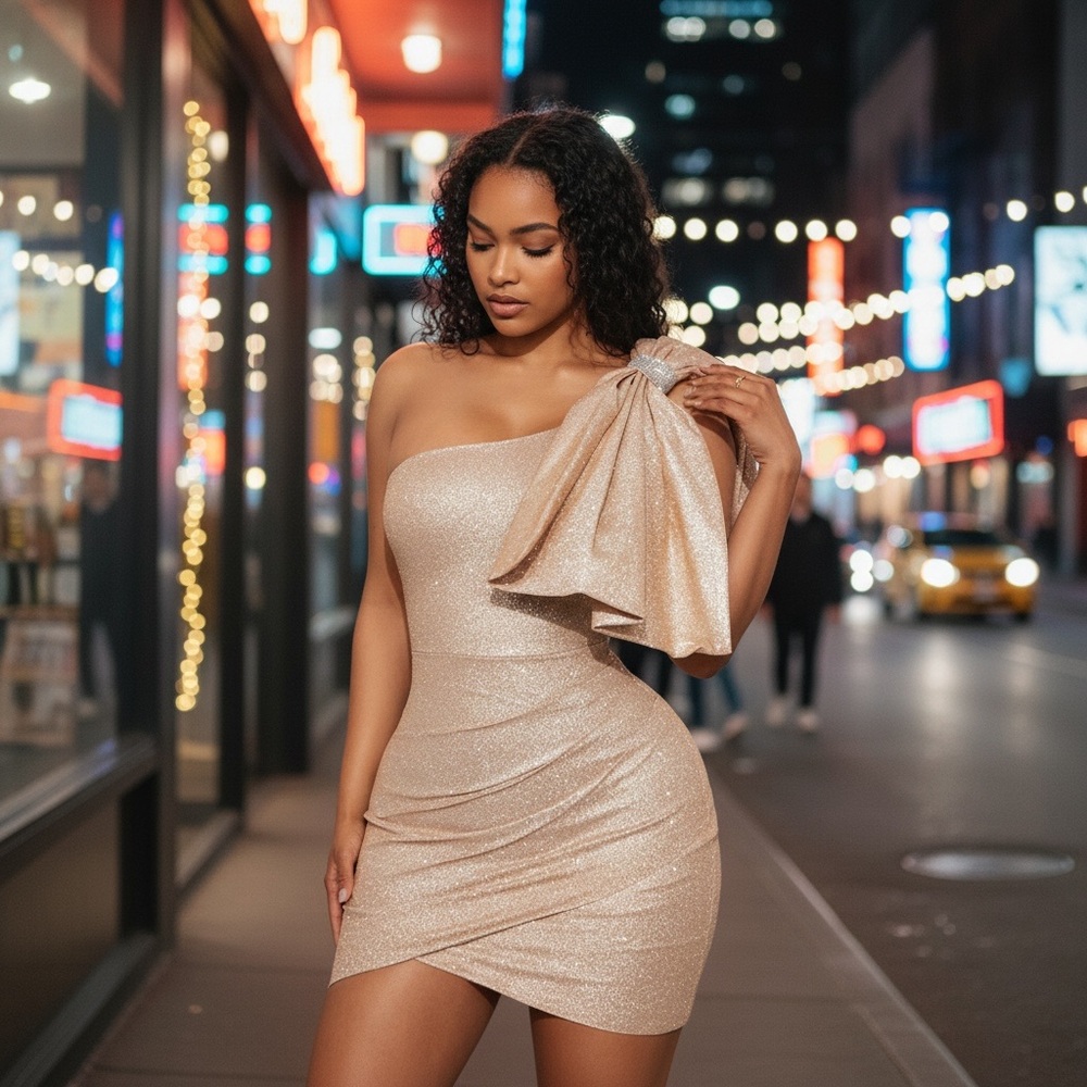 Odette Glitter Bow Mini Dress - Gold. NWT.